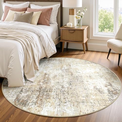RELEANY Washable Round 4ft Area Rug for Living Room Neutral Brown by RELEANY