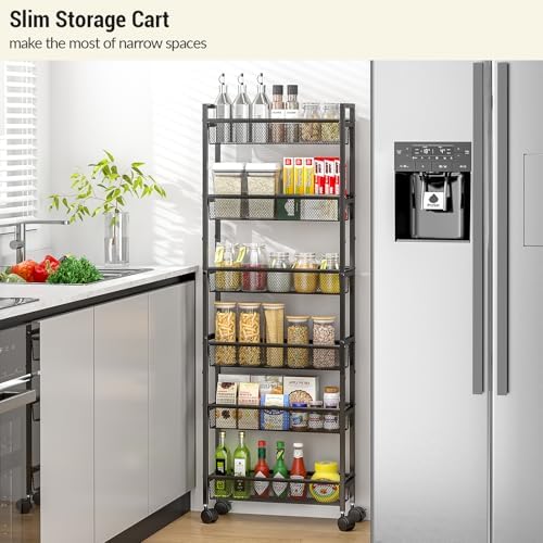 ThreeHio 6 Tier Slim Storage Cart, Narrow Cart with Wheels, Metal Mobile Shelving Unit Organizer for Kitchen, Bathroom, Laundry Room, Living Room & Narrow Spaces, Black, 6in(W) - Image 3