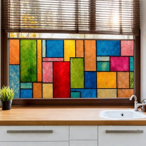 Window Privacy Film 39.37 x 17.3 in Color Block Stained Glass Cling by yuenengmaoyi
