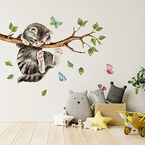 Yovkky Cat on Tree Branches Wall Decals Stickers, Kitty Animal Nursery | Decor, Green Leaves Baby Kids Bedroom Home Decorations Art - Image 6