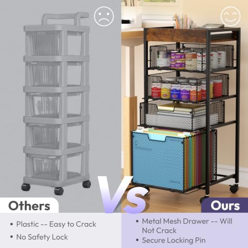 SWTYMIKI Rolling File Cart with Drawers - 5 Tier Art Craft Rolling Organizer Cart - Office Storage &Organization, Mobile Metal File Cabinet for Office and Home Espresso - Image 4