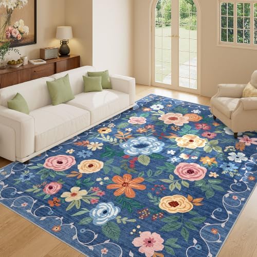 DUKINO 8x10 Area Rugs, Floral Washable Living Room Rug Non Slip, Blue - Image 5