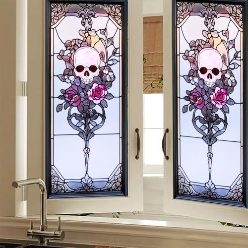 HOMETITUTE Vintage Skull Rose Privacy Window Film Cling 17.7x39.3 PVC by HOMETITUTE