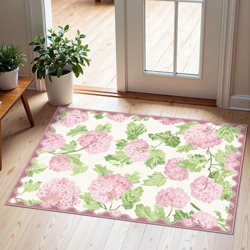 Front Door Mat Outside Entrance, 2x3 Pink White Floral Entryway Rug by Othilic