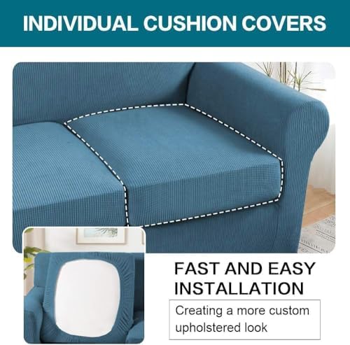 Turquoize 4 Piece Sofa Covers for 3 Cushion Couch Sofa Slipcover Soft Couch Cover for Dogs Washable Furniture Cover with 3 Individual Large Cushion Covers Feature Fabric (Large Sofa, Dusty Blue) - Image 5