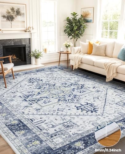 AMADA HOMEFURNISHING Washable Area Rug, Low-Profile Large Area Rug with Non-Slip Backing & Durable Edge Binding, Vintage Large Rugs for Living Room, Bedroom, Dinning Room, 8x10, Navy Blue/White - Image 3