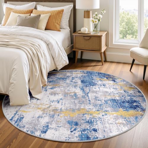 RELEANY Washable Round 4ft Area Rug for Living Room Blue Gold by RELEANY