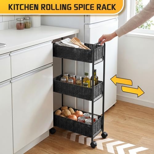 FOCHIER F Utility Slim Storage Cart,3-Tier Rolling Kitchen Office Laundry Room Cart,Mobile Shelving Unit Organizer for Living Room Bathroom Baby Diaper Narrow Places (Black, 3 Tiers-7.1 inch (W)) - Image 2