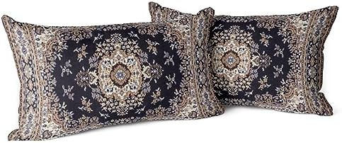 Snycler Boho Throw Pillow Covers 12x20 inch Set of 2 Black Medallion Border Area Rug Double Sided Pattern Cotton Soft Pillow Case Cushion Cover Pillowcase for Couch Sofa Bed Decorative by Snycler