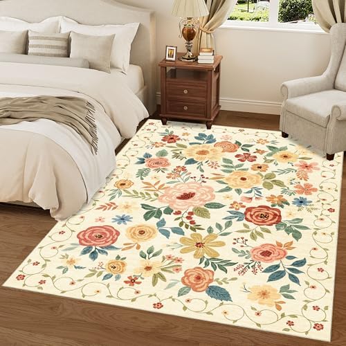DUKINO 5x7 Area Rug Floral Washable Living Room Rug Non Slip Beige Yellow - Image 4