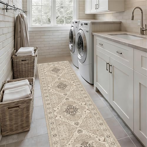 Washable 2'6x12 Hallway Runner Rugs, Vintage Non-Slip Low Pile Rugs Beige - Image 3