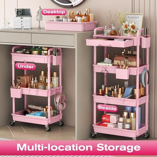 Goovilla Rolling Makeup Organizer Cart with Removable Drawer, 3 Tier Pink - Image 6