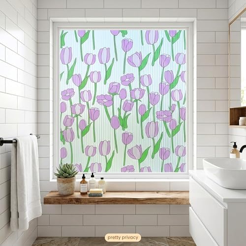 Pink Tulip Stained Glass Flower Window Film Privacy No Glue Cover 35x78.7in - Image 4