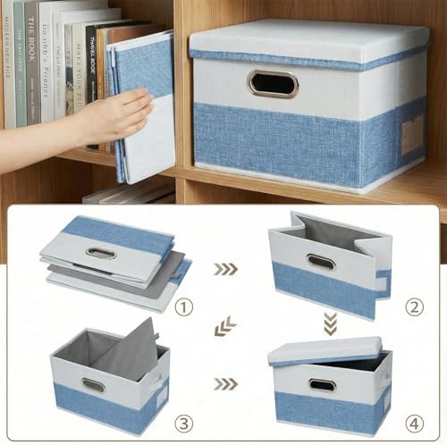 PRANDOM Storage Bins with Lids [3-Pack] Linen Fabric Foldable Storage Boxes Organizer Containers Baskets Cube with Cover for Bedroom Closet Office Blue&White（11.4X8.6X6.7 - Image 5