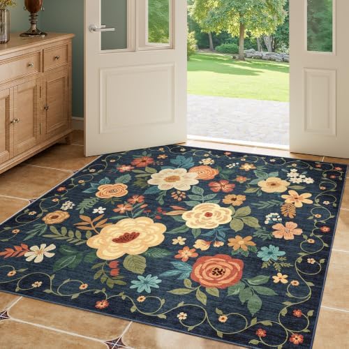 DUKINO 4x4 Square Area Rug, Floral Washable Rug for Entryway, Navy Blue by DUKINO