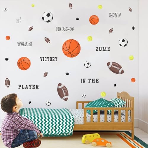 Sports Wall Decals, Basketball and Football Wall Stickers, Peel and Stick Removable DIY Inspirational Wall Decor for Boys Bedroom Classroom Kid's Nursery Room Playground by Kasubeso