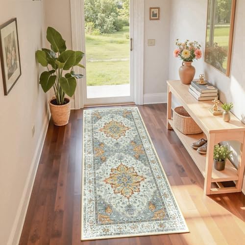 RELEANY Washable Area Rug, Runner 2'x6', Beige/Carbon Grey/Orange - Image 4