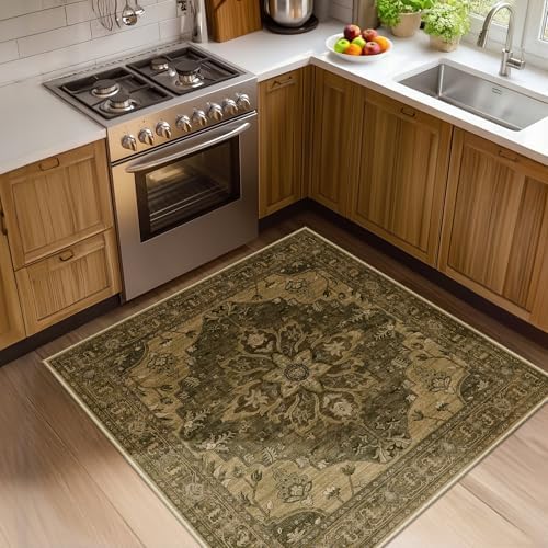 RELEANY Washable Area Rug, Square 4'x4', Brown/Dark Brown by RELEANY