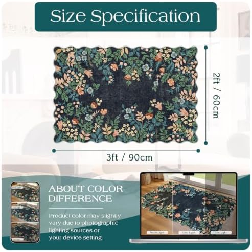 Front Door Mat Indoor Outside Entrance - 2x3 Dark Navy Floral Rug - Image 2
