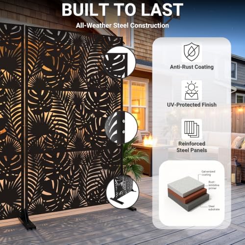 Metal Privacy Screen Outdoor – 72in Decorative Laser Cut Steel Garden Divider Panel with Tropical Leaf Design, Weatherproof Freestanding Modern Privacy Fence for Patio, Deck, Backyard & Balcony - Image 3
