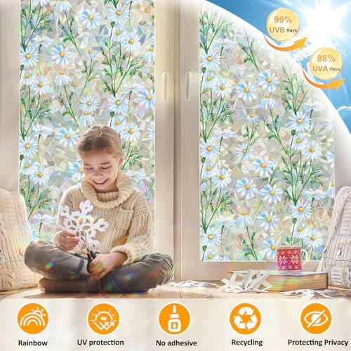Countewol Privacy Window Films Stain Glass Cling No Glue Anti-UV Window Sticker for Bathroom Bedroom Living Room(Daisy Rainbow 78.7" L*45.27" W) - Image 3