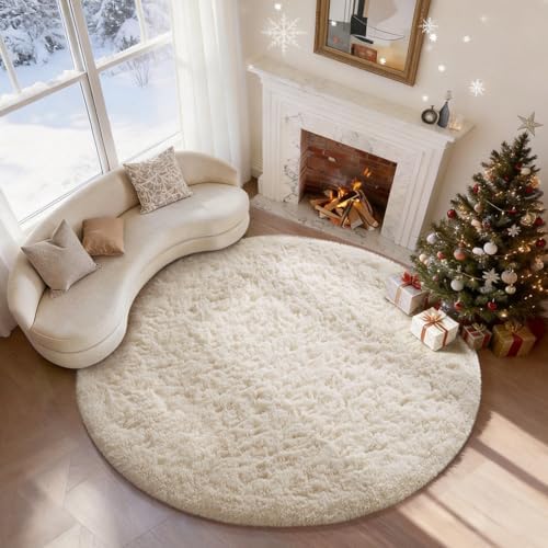 Ophanie Round Washable Rugs 5Ft Ivory Circle Area Rug,Baby Nursery Living Room Bedroom Decor Circular Carpet 5 Foot,Fluffy Fuzzy Shag Plush Cream for Kids Boys Girls Teen with Over 99 pcs Pile fibers by Ophanie