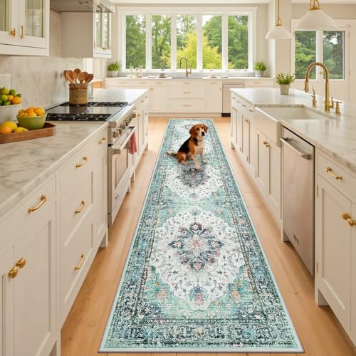 RELEANY Washable Area Rug, Runner 2'x10', Teal Green/White/Navy by RELEANY