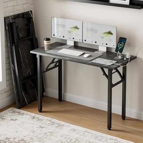 Frylr Small Folding Computer Desk – 43.3 Inch Portable Table for Craft and Study, Lightweight Desk for Small Spaces, Foldable Laptop Table Built-in AC/USB Outlets for Convenience, Marble Greige by Frylr