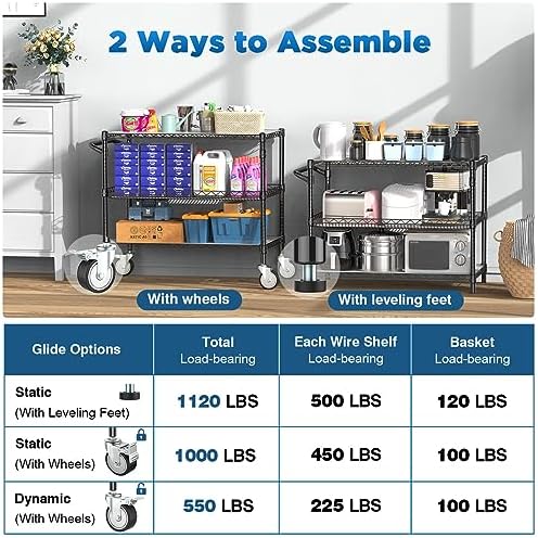 Leteuke Heavy Duty Rolling Utility Cart, 45 Inch Kitchen Carts with Wheels, NSF Commercial Grade with Handle & Shelf Liners, 1120LBS Storage Cart for Kitchen,Restaurant,Plant Display-Black - Image 4
