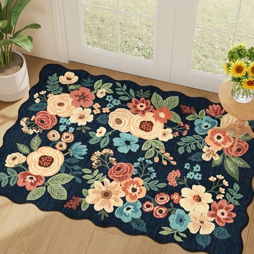 DUKINO 2x3 Rug for Entryway, Floral Door Mat Washable Rug, Navy Blue by DUKINO