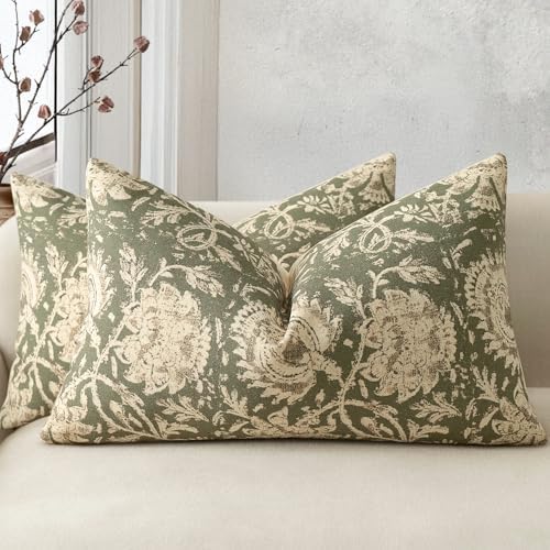 Vintage Floral Print Throw Pillow Covers 12x20 Set of 2 Neutral Modern Farmhouse Pillow Cases Accent Decorative Cushion Covers Boho Home Decor for Couch Sofa Chair Bed Living Room, Olive Green by DKwizme