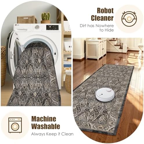 Washable Area Rug 2'6'' x 8' Vintage Traditional Persian Mat - Foldable Distressed Non-Slip Machine Washable Carpet for Living Room Bedroom Kitchen Home Decor - Ebony and Taupe - Image 7