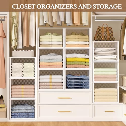 3 Pack Stackable Closet Organizers and Storage Basket, Closet Shelves with Wood Top Extra Storage, Multifunctional Clothes Organizer Bins/Cube Storage Drawer for Wardrobe Kitchen Laundry Room, White - Image 2