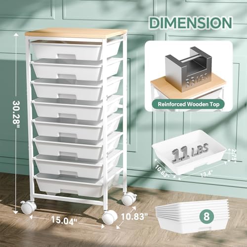 Ekisemio Rolling Cart with 8 Drawers, Storage Drawers Cart with Wooden Tabletop and Lockable Wheels, Utility Cart for Living Room, Office, Classroom, Craft Room, White - Image 2