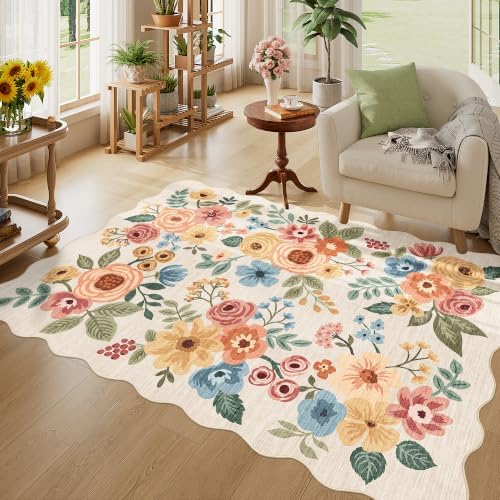 DUKINO 4x6 Area Rug, Non Slip Floral Washable Living Room Rug, Beige Yellow - Image 3