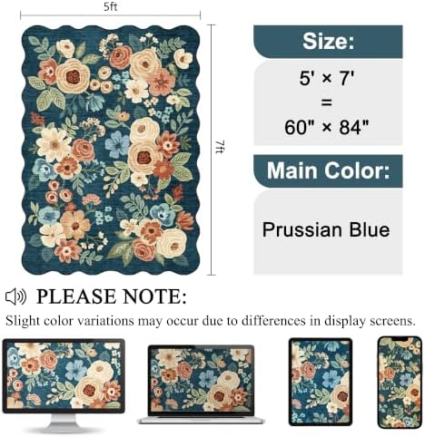 DUKINO 5x7 Area Rugs for Bedroom Floral Washable Rug Non Slip Prussian Blue - Image 2