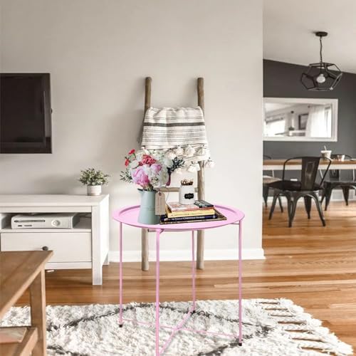 Garden 4 you End Table Metal Side Table Pink Round Folding Tray Cyan Sofa Small Accent Fold-able Table, Round End Table Tray, Next to Sofa Table, Snack Table for Living Room and Bed Room - Image 6