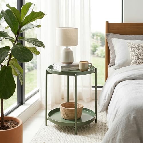 TeoKJ 2 Tier Green Side Table, Folding Round Metal End Table Small Nightstand with Two Removable Tray for Bedroom Living Room Bedside Small Spaces Dark Green - Image 6