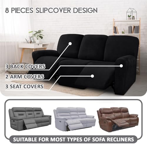 ULTICOR Velvet 8-Pieces Recliner Sofa Covers Stretch Reclining Couch Covers for 3 Cushion Reclining Sofa Slipcovers Furniture Covers Thick Soft Washable (3 Seater Recliner Cover, Black) - Image 2