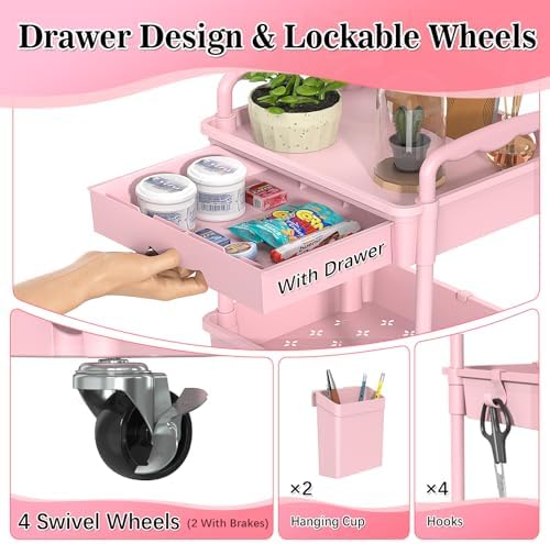 SUNALLY 4 Tier Rolling Cart with Drawer, Craft Storage Cart Organizer, Pink - Image 3