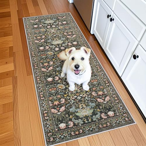 2x6 Washable Hallway Runner Rug: Vintage Floral Kitchen Rugs with Non-Slip Backing Low Pile Water Resistant Carpet for Living Room Bedroom Soft Floor Mat for Bathroom Laudry Dining Room(2x6,Green) by HYHAOYUNLAI