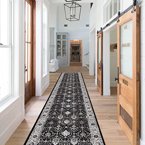 Hallway Washable Runner Rug - 2x10 Kitchen Rugs Entryway Rug Runner Vintage Soft Floor Mat Non Slip Indoor Farmhouse Carpet for Bathroom Living Room Bedroom(2 X 10, Black) by HYHAOYUNLAI