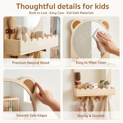 Montessori Mirror with Hooks and Shelf, Toddler Self-Care Station with Sensory Mirror, Nursery Wooden/Acrylic Child Safe Wall Mirror for Kids Playroom, Bathroom, Bedroom, Living Room, Entryway - Image 5