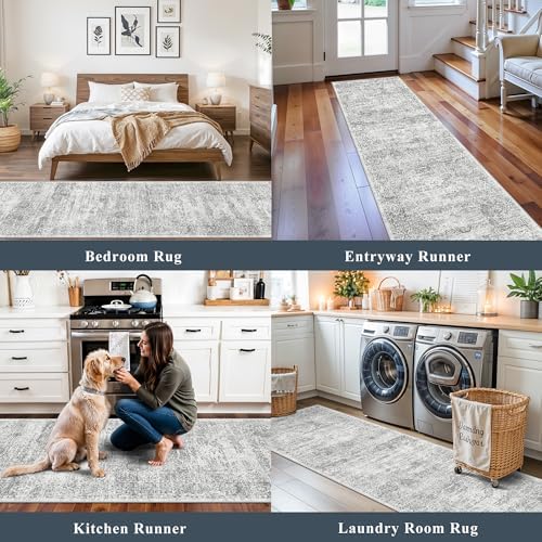 2x10 Runner Rug Non-Slip Washable Kitchen, Vintage Boho Carpet with Rubber Backing for Hallway Entryway Hall Holiday Farmhouse Neutral Cream Long Runners (Grey/Ivory,2'x10') - Image 4
