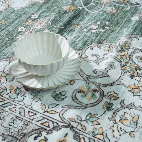 Ksrau 3x6 Runner Rug Washable Vintage: Non Slip Hallway Runners Green/Beige - Image 3