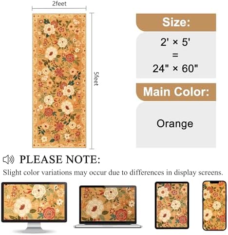 DUKINO 2x5 Runner Rug, Floral Washable Rug for Kitchen Non Slip, Orange - Image 2