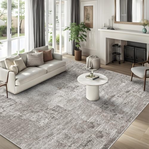 10x10 ft Square Living Room Rug – Washable Modern Abstract Area Rug for Bedroom, Dining Room, Playroom – Neutral Non-Slip Low-Pile Thin Indoor Carpet (Beige Grey) by ZHXXUJ