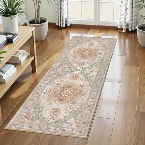 Washable Area Rug 2'6'' x 8' Vintage Traditional Persian Mat - Foldable Distressed Non-Slip Machine Washable Carpet for Living Room Bedroom Kitchen Home Decor - Dove Gray and Coral by Unknown
