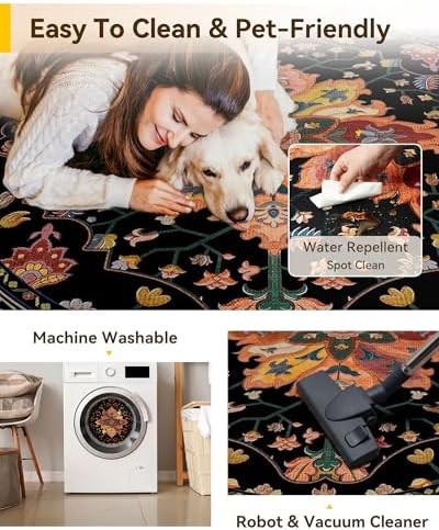 RELEANY Washable Area Rug, Round 5ft, Black/Colorful - Image 5