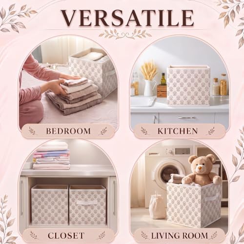 Bokon 6 Pcs 11'' Block Print Storage Bins Cube Beige Floral Storage Basket - Image 6